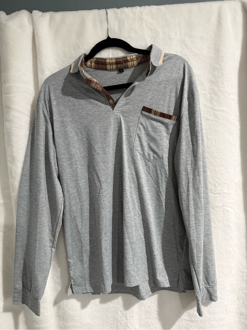 Men's Long-Sleeve Polo Shirt - Light Gray with Plaid Trim